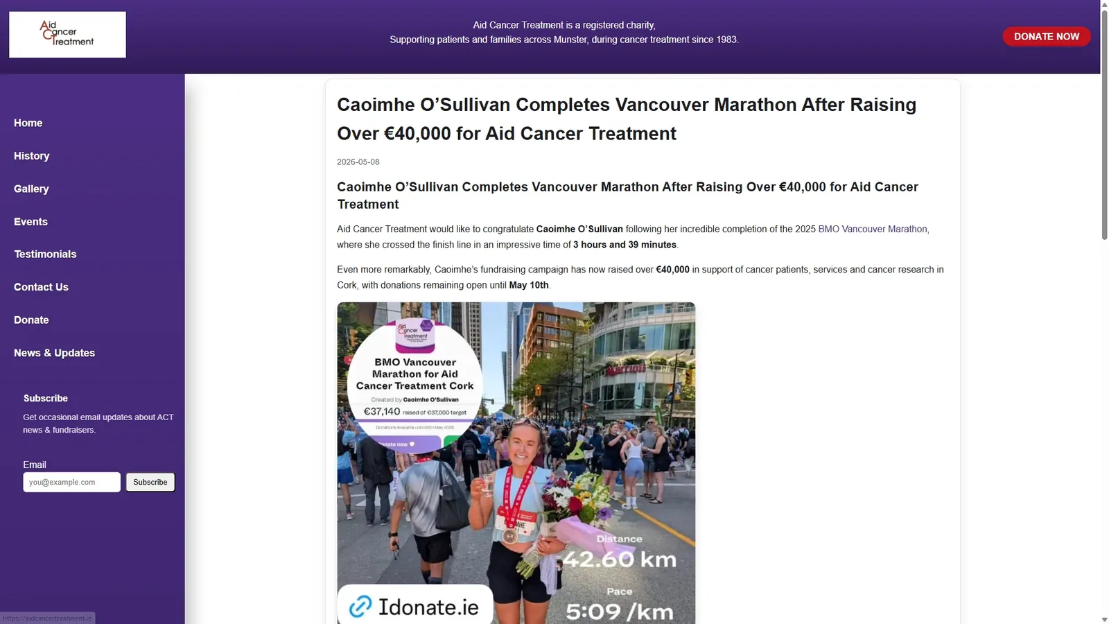 Fundraising article page showing long-form campaign storytelling and public proof.