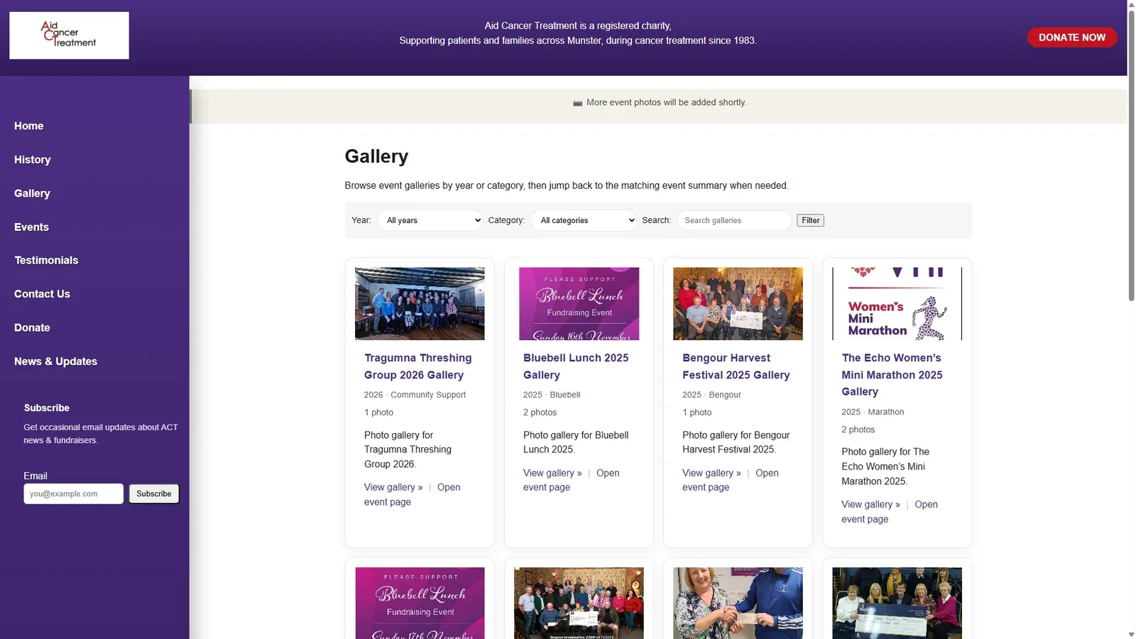 Gallery section showing visual archive and public-facing charity proof.