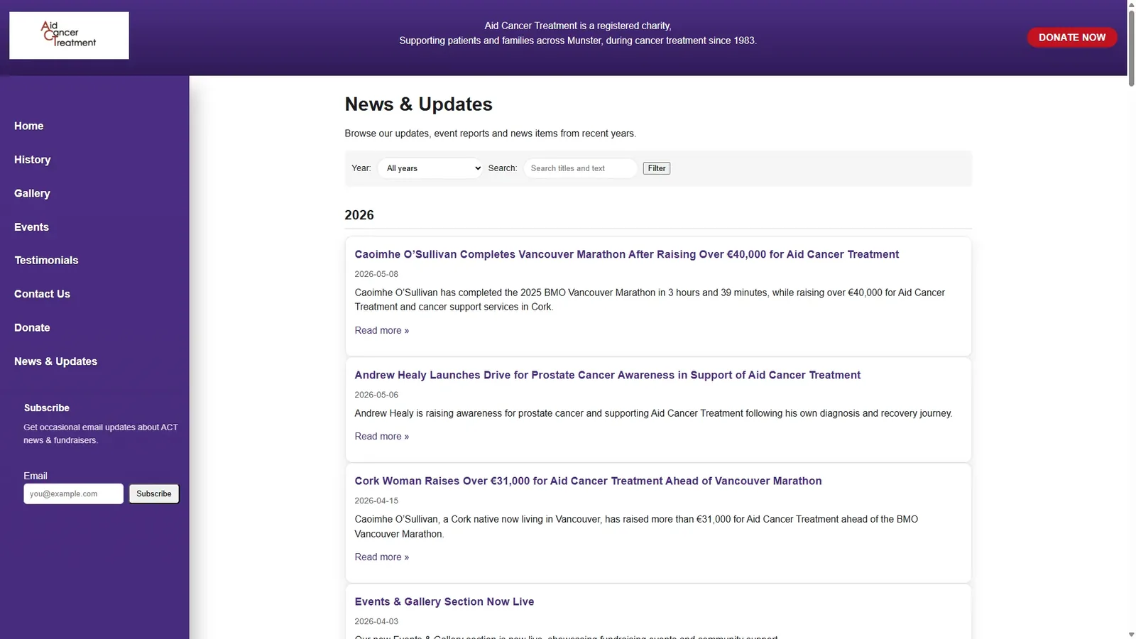 ACT charity news feed proof screenshot