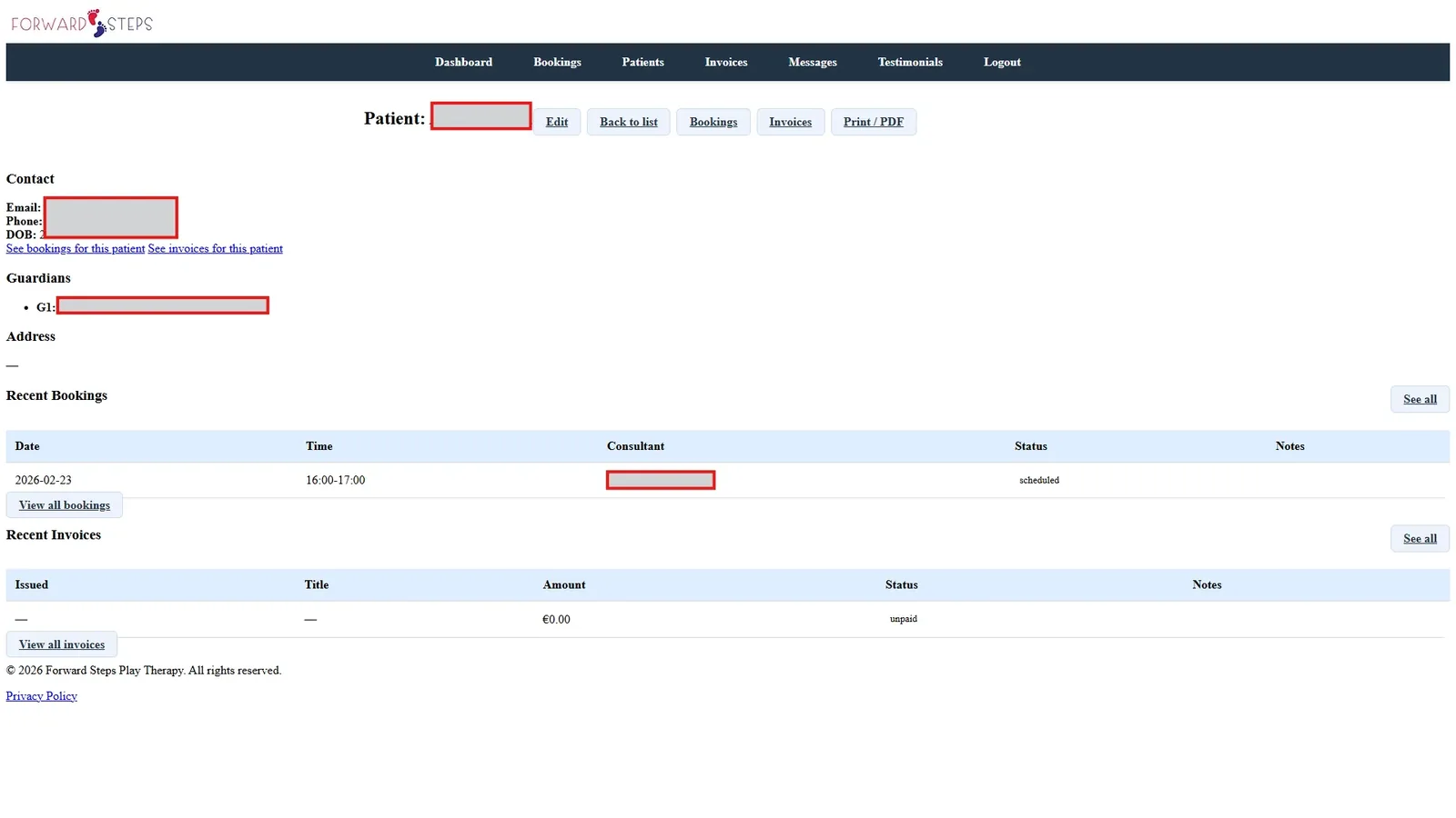 Connected patient, booking and invoice workflow proof — the core admin triangle.