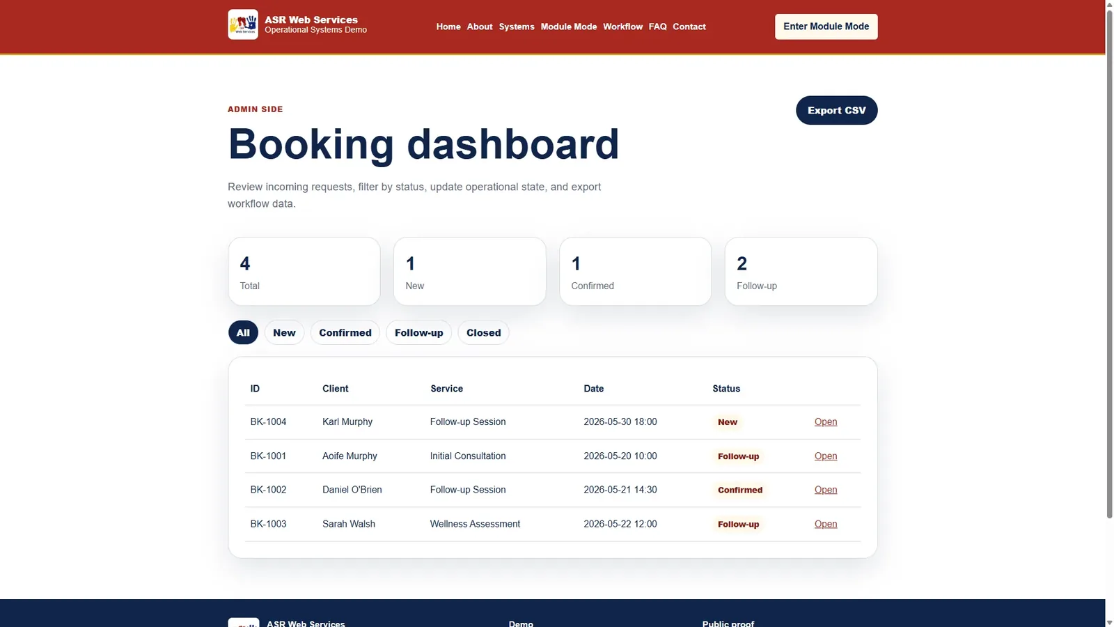 Operational Systems Demo booking dashboard proof screenshot